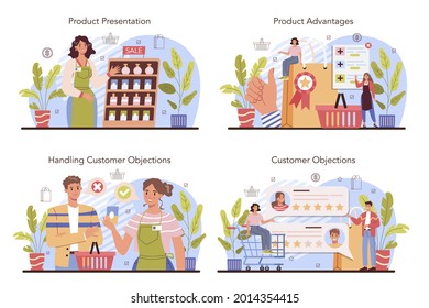 Product presentation concept set. Entrepreneur presenting new product and its advantages to a customer. Business plan, marketing campaign event. Client's feedback. Flat vector illustration