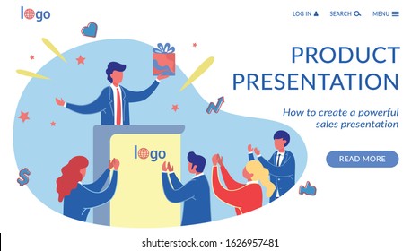 Product Presentation Flat Landing Page Template. Successful Marketing Report Cartoon Illustration. New Product Launching Vector Website Homepage Layout. Businessman Holding Present