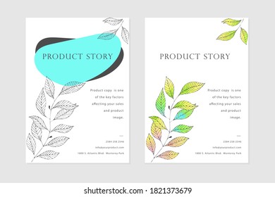 Product presentation, flyer, banner, business card, leaves, tree branch background. Colorful.