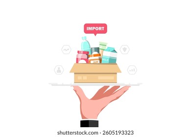 Product presentation, Import of consumer goods on isolated background, Vector illustration.