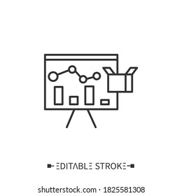 Product Presentation Line Icon. Promotion. New Product Introduction. Business Presentation Conference. Presentation Event. Stages And Elements Of A Successful Production Cycle. Editable Stroke