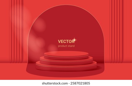 Product Presentation Mockup. Vector Background with Cylinder Pedestal. Red romantic 3D render podium.