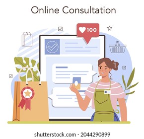 Product presentation online service or platform. Entrepreneur presenting new product and its advantages to a customer. Online consultation. Flat vector illustration