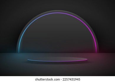 product presentation podium abstract background with futuristic blue and purple neon light