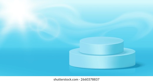 Podio de presentación del Producto bajo la luz del sol brillante con el cielo azul suave y los efectos suaves de la luz.