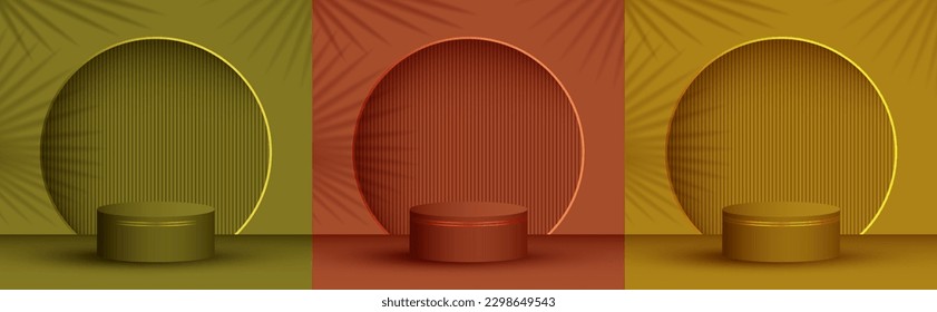 Product presentation stage, studio room pedestal vector illustration in trendy colors. Palm leaves shadow on background wall. Podium display scene set. Base stage platform presentation pedestal.