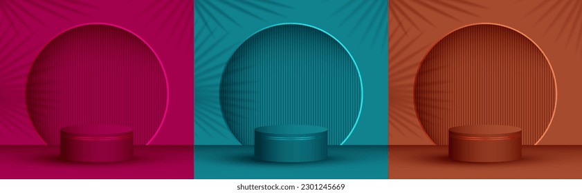 Produktpräsentation Bühne, Studioaufnahme, Vektorgrafik in einfarbigen Farben. Palm hinterlässt Schatten, Bogenwand. Podium-Display-Szene-Set. Pillar Bühne Plattform Präsentation Arena.