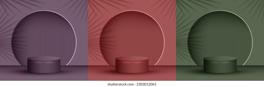 Product presentation stage, studio room pedestal vector illustration in trendy colors. Palm leaves shadow, arch wall. Podium display scene set. Pillar stage platform presentation arena.