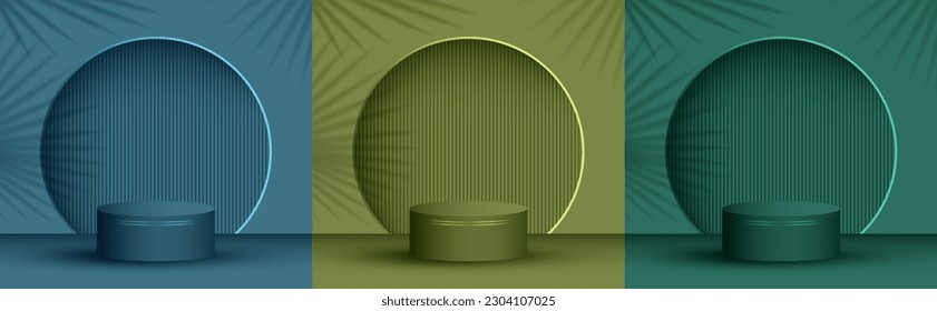 Product presentation stage, studio room pedestal vector illustration in trendy colors. Palm leaves shadow, arch wall. Podium display scene set. Pillar stage platform presentation arena.