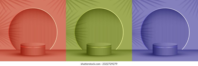 Fase de presentación de producto, ilustración de vector peatonal en sala de estudio en colores de moda. La palma deja sombra en la pared de fondo. Escena de la pantalla del podio. Arena de presentación de plataformas en etapa de pilar.