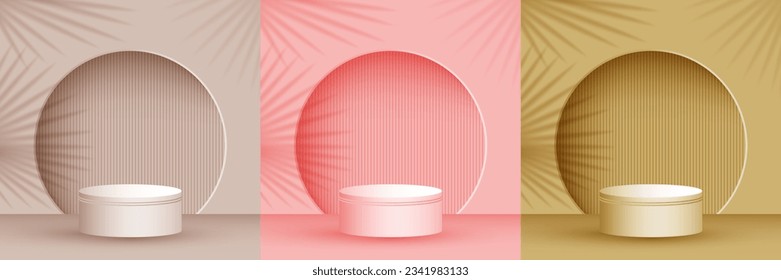 Fase de presentación del producto, ilustración de vector peatonal en sala de estudio en colores monocromos. La palma deja sombra en la pared de fondo. Escena de la pantalla del podio. Arena de presentación de plataformas en etapa de pilar.