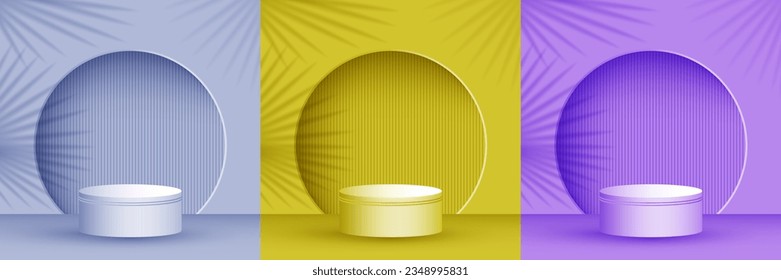 Product presentation stage, studio room pedestal vector illustration in monochrome colors. Palm leaves shadow on background wall. Podium display scene set. Base stage platform presentation pedestal.