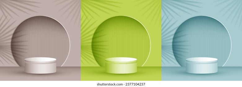 Product presentation stage, studio room pedestal vector illustration in monochrome colors. Palm leaves shadow, arch wall. Podium display scene set. Base stage platform presentation pedestal.