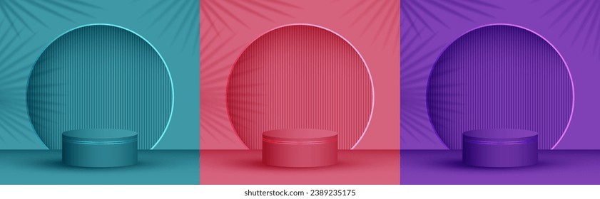 Product presentation stage, studio room pedestal vector illustration in monochrome colors. Palm leaves shadow, arch wall. Podium award scene set. Pillar stage platform presentation arena.