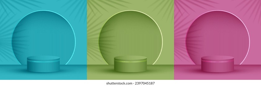 Product presentation stage, studio room pedestal vector illustration in trendy colors. Palm leaves shadow on background wall. Podium award scene set. Base stage platform presentation pedestal.