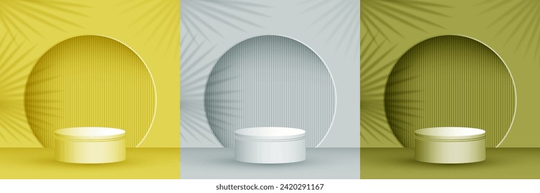 Fase de presentación del producto, ilustración de vector peatonal en sala de estudio en colores monocromos. La sombra de las hojas de la palma, la pared del arco. Escena de premios del podio. Arena de presentación de plataformas en etapa de pilar.