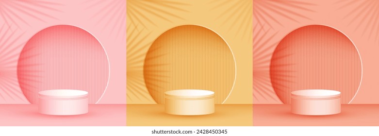 Product presentation stage, studio room pedestal vector illustration in trendy colors. Palm leaves shadow, arch wall. Podium display scene set. Pillar stage platform presentation arena.