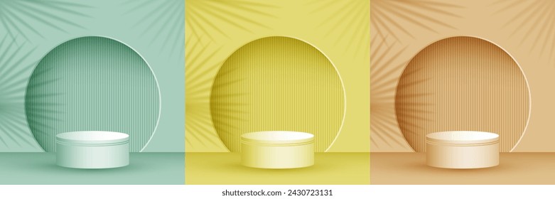 Product presentation stage, studio room pedestal vector illustration in monochrome colors. Palm leaves shadow, arch wall. Podium award scene set. Base stage platform presentation pedestal.