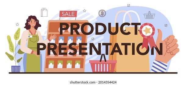 Product presentation typographic header. Entrepreneur presenting new product and its advantages to a customer. Marketing campaign event. Client's feedback. Flat vector illustration
