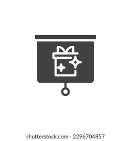Product presentation vector icon. filled flat sign for mobile concept and web design. Projector screen with gift box glyph icon. Symbol, logo illustration. Vector graphics
