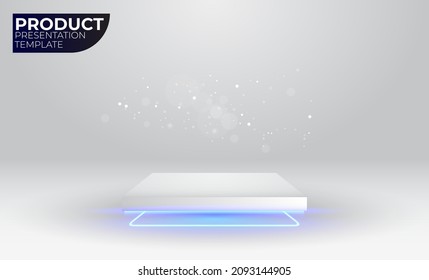 Product presentation vector mockup. Futuristic sci-fi technology white platform pedestal with neon lights. Square box, product display.