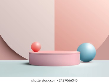 Produktpräsentationen Abstrakter Hintergrund mit einer minimalen 3D-Podestbühne, die mit mehrfarbigen blauen und rosa Pastellkugeln in geometrischen Formen geschmückt ist. Vektorgrafik