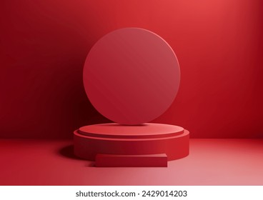 Presentación de productos maqueta de podio 3D rojo. Con un diseño de círculo geométrico elegante y un fondo rojo vibrante, esta escena versátil es perfecta para exhibir. Ilustración de vector