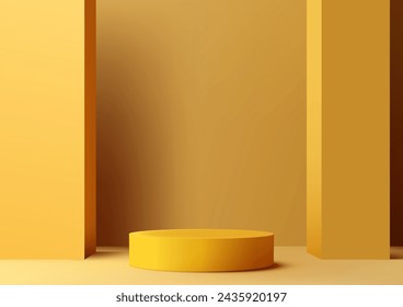 Product presentations with this modern 3D mockup featuring a yellow podium on a matching yellow background. Perfect for showcasing jewelry, awards and more. Vector illustration