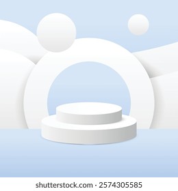 A product preview displays a white circular podium with a light blue backdrop and floating white spheres, part of a series of vector illustrations.