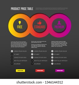 Product price table template with three options and modern colors on a dark background