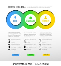 Product price table template with three options and modern colors on a light background