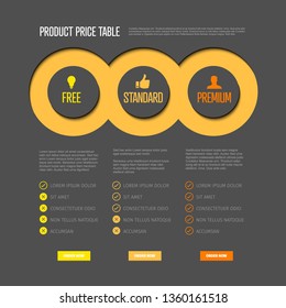 Product price table template with three options and modern yellow colors on a light background