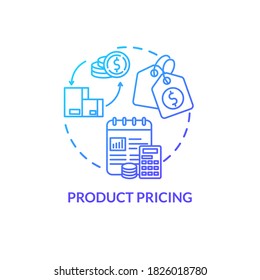 Icono de concepto de gradiente azul de precios de productos. Vender mercadería. Plan de comercio. Estrategia financiera. Ilustración de línea delgada de idea de administración de productos. Dibujo de color RGB con contorno aislado de vectores