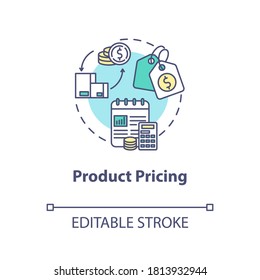 Product pricing concept icon. Sell merchandise. Commerce plan. Financial strategy. Product management idea thin line illustration. Vector isolated outline RGB color drawing. Editable stroke