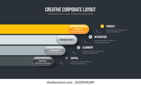 Product Profile 4 Option Diagram Slide Template. Investor Development Four Element Infographic Presentation Design. Business Analysis Frame Layout Vector Illustration.
