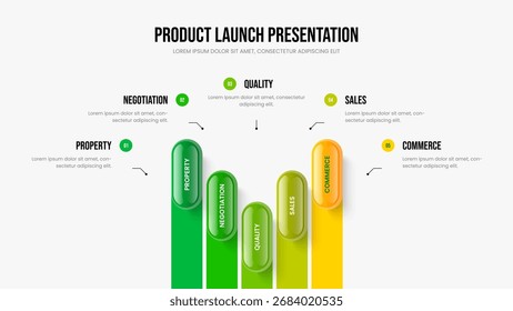 Produktprofil 5-Schritt-Diagramm Diashow-Layout. Vektorgrafik der Vorlage für Dienstberichte. Marketing Innovation 5 Option Infografik Frame Design.