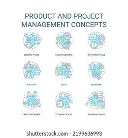 Product and project management turquoise concept icons set. From producing to promotion idea thin line color illustrations. Isolated symbols. Editable stroke. Roboto-Medium, Myriad Pro-Bold fonts used
