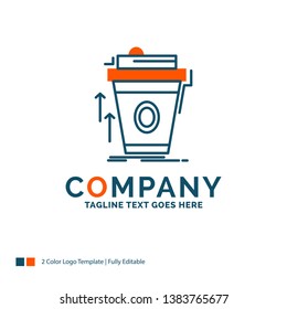 product, promo, coffee, cup, brand marketing Logo Design. Blue and Orange Brand Name Design. Place for Tagline. Business Logo template.