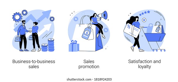 Product promotion abstract concept vector illustration set. Business-to-business sales, sales promotion, satisfaction and loyalty, retail strategy, advertising campaign, feedback abstract metaphor.