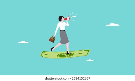 product promotion or advertising with money, internet or online marketing, public announcement, creative retail strategy, promotional businesswoman using megaphone while flying with banknotes