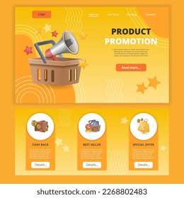Plantilla del sitio web de la página de inicio plana de promoción de productos. Devolución de efectivo, mejor vendedor, oferta especial. Banner web con encabezado, contenido y pie de página. Ilustración vectorial.