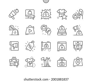 Product promotion. Hot discounts and sale. Video advertisement. Online store. Promoter. Pixel Perfect Vector Thin Line Icons. Simple Minimal Pictogram