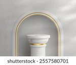 Product promotion podium setting with white marble Greek traditional column with arch niche in wall, golden details and shadow. Realistic 3d vector antique pillar pedestal for cosmetic showcase.