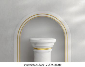 Product promotion podium setting with white marble Greek traditional column with arch niche in wall, golden details and shadow. Realistic 3d vector antique pillar pedestal for cosmetic showcase.