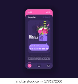 Product promotion smartphone interface vector template. Mobile app page dark purple design layout. Online shopping screen. Flat UI for application. Store advertisement in social media. Phone display