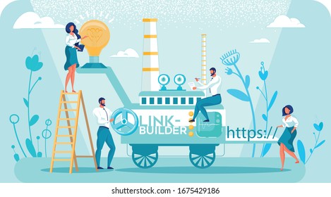 Product Promotion Team Building Website Link Profile. Four Men and Women Highly Specialized Experts, Dressed Smart, Using Special Machine, Step Ladder, Light Bulb, and Creative Ideas to Build Links.