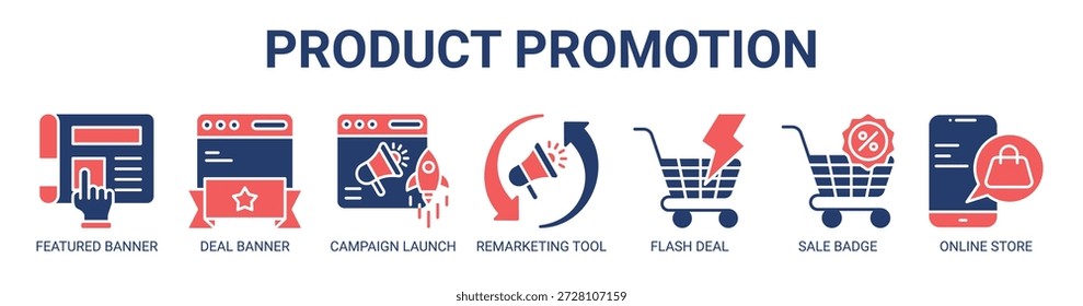 Produkt-Promotion-Web-Banner-Symbol, Vektorgrafik-Konzept mit Symbol des empfohlenen Banners, Deal-Banner, Kampagneneinführung, Remarketing-Tool, Flash-Deal, Verkaufsabzeichen, Online-Shop.