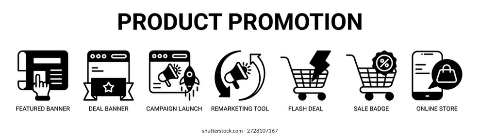 Produkt-Promotion-Web-Banner-Symbol, Vektorgrafik-Konzept mit Symbol des empfohlenen Banners, Deal-Banner, Kampagneneinführung, Remarketing-Tool, Flash-Deal, Verkaufsabzeichen, Online-Shop.