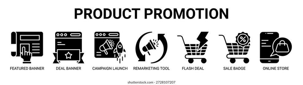 Produkt-Promotion-Web-Banner-Symbol, Vektorgrafik-Konzept mit Symbol des empfohlenen Banners, Deal-Banner, Kampagneneinführung, Remarketing-Tool, Flash-Deal, Verkaufsabzeichen, Online-Shop.