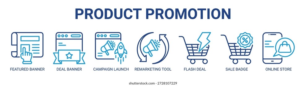 Produkt-Promotion-Web-Banner-Symbol, Vektorgrafik-Konzept mit Symbol des empfohlenen Banners, Deal-Banner, Kampagneneinführung, Remarketing-Tool, Flash-Deal, Verkaufsabzeichen, Online-Shop.